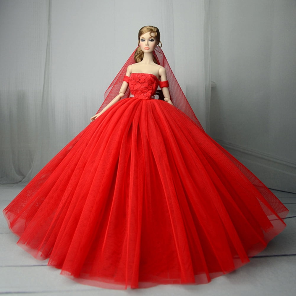 Elegant Boat Neck Collar Wedding Dress Tutu Dress Evening Long Dress for 30cm Dolls Color red Height Just clothes without dolls Walmart