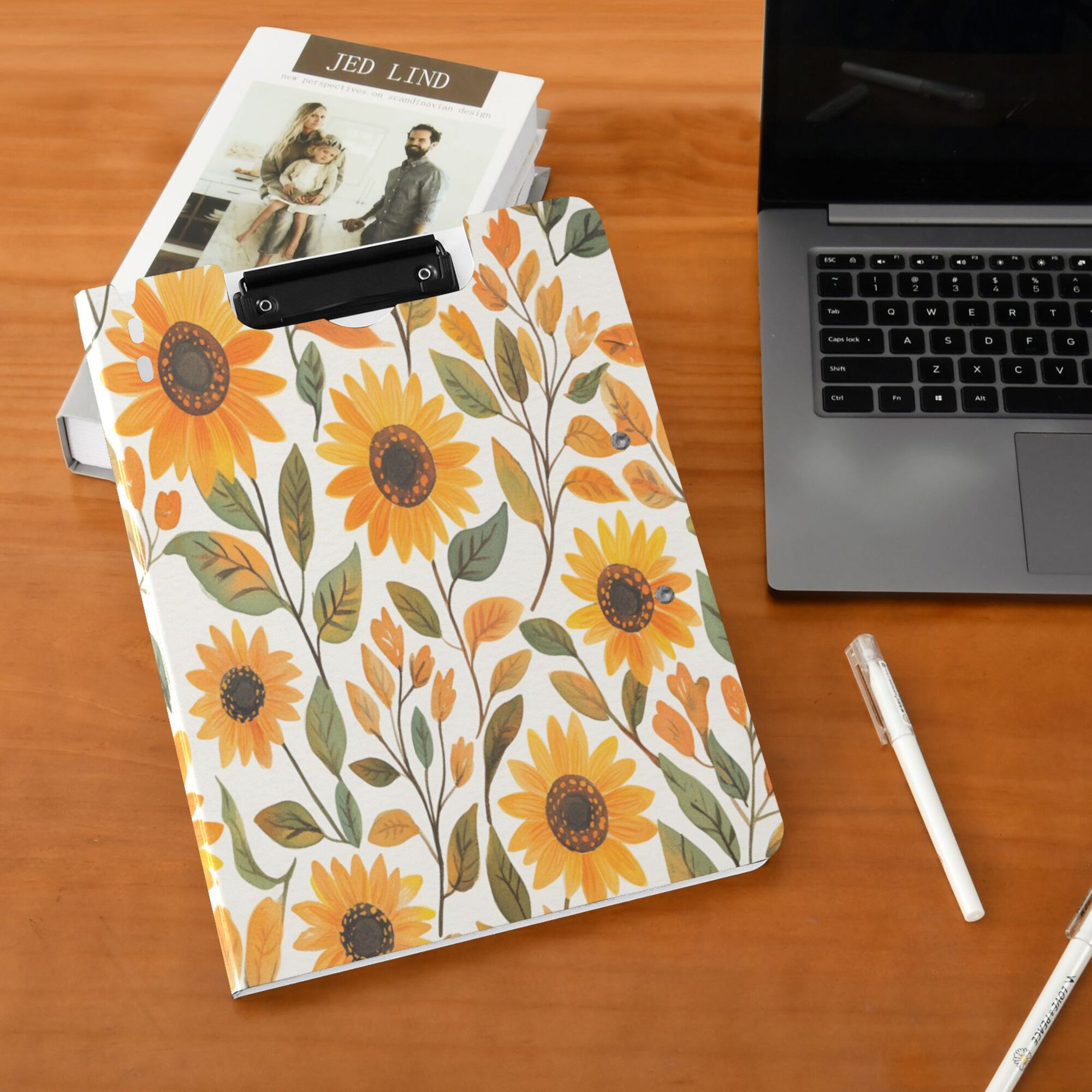 FORMRS A4 Clipboard Folder with Pen Holder Horizontal Foldable School Office Binder, Watercolor Sunflowers