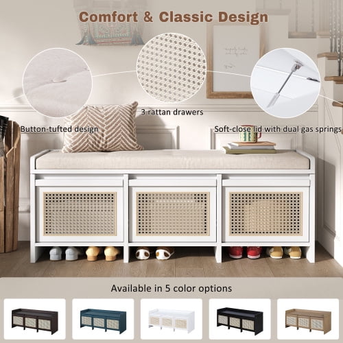48" Retro Entryway Shoe Storage Bench with Rattan Drawers & Removable Button-Tufted Cushion, White