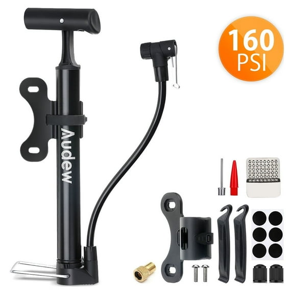 Audew 160 PSI Bike Floor Pump, Air Pump for Bike with Ball Needle Kit, Portable Air Pump for Balls, Toys, Basketball, Black