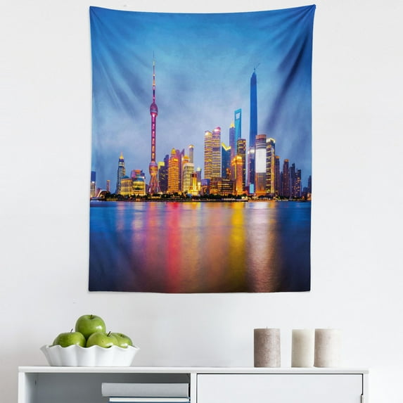 Urban Tapestry, City Skyline of Shanghai China on Huangpu River Dusk Famous Travel Destination, Fabric Wall Hanging Decor for Bedroom Living Room Dorm, 5 Sizes, Blue Pink Yellow, by Ambesonne