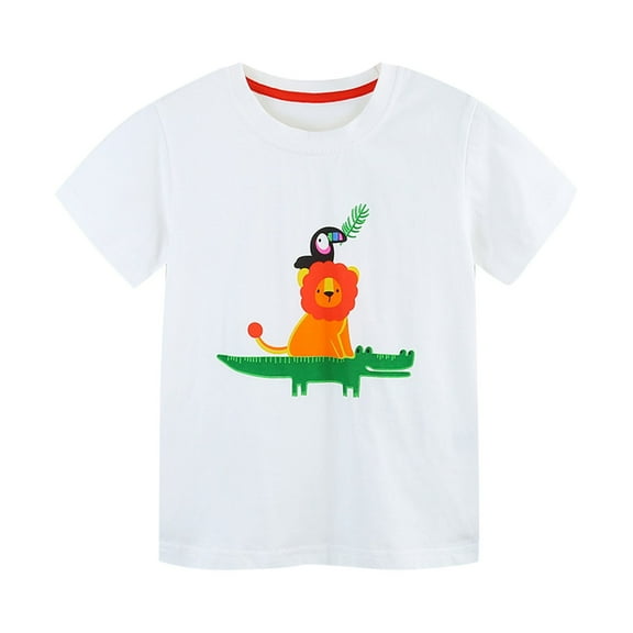 FamilyThread Children's Summer Crewneck Short Sleeve T Shirts Cartoon Print Basic Tees Kids Tshirts Solid Summer TeeFor 2-8Y
