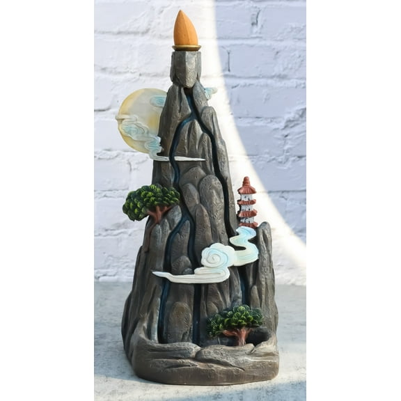 Feng Shui Rocky Mountain Top Buddhist Pagoda Temple Backflow Cone Incense Holder