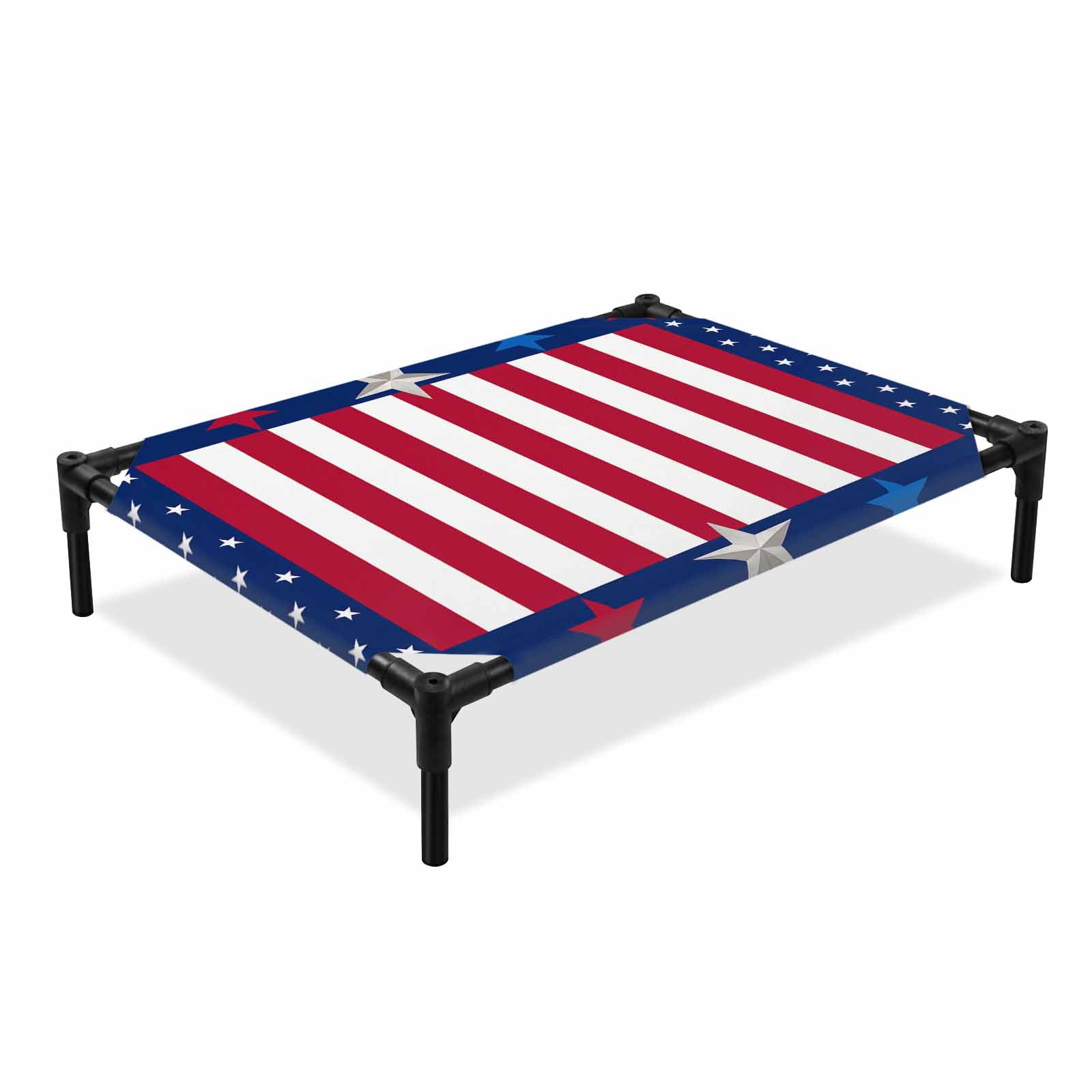 USA Flag Elevated Dog Bed 4th of July Stars Blue White Red Stripe Cooling Breathable Outdoor Raised Dog Cot Bed with Metal Frame Non-Slip Feet for Medium Dog 24x20in