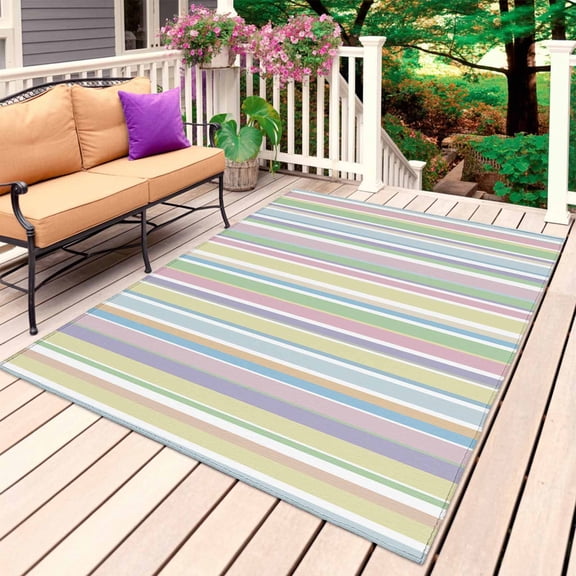 Colorful Striped Outdoor Rug for Patio/Deck/Porch, Non-Slip Large Area Rug 3 x 5 Ft, Farmhouse Rainbow Color Stripes Indoor Outdoor Rugs Washable Area Rugs, Reversible Camping Rug Carpet Runner