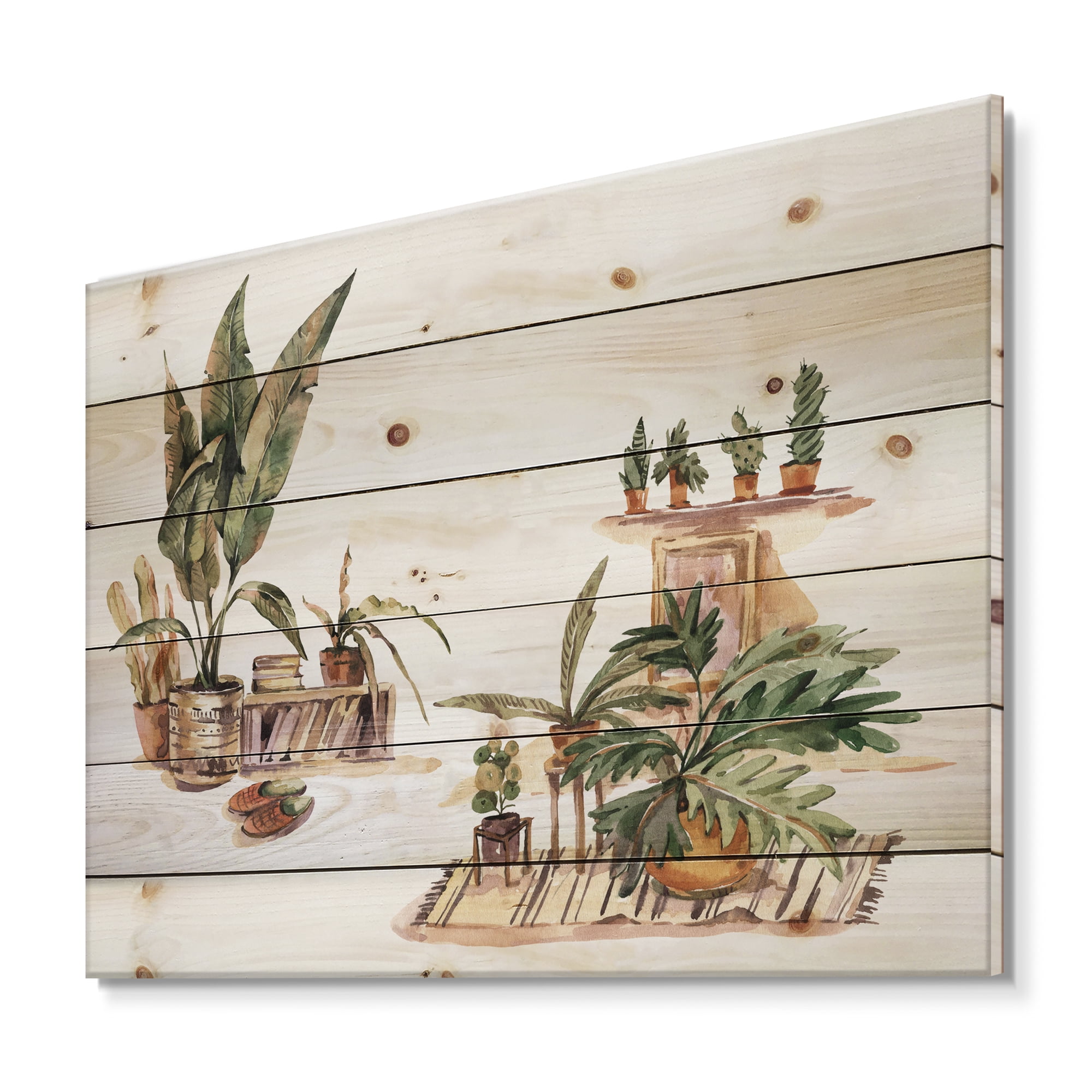 Designart 'Indoor House Plants Urban Jungle in Flowerpots III' Traditional Print on Natural Pine Wood