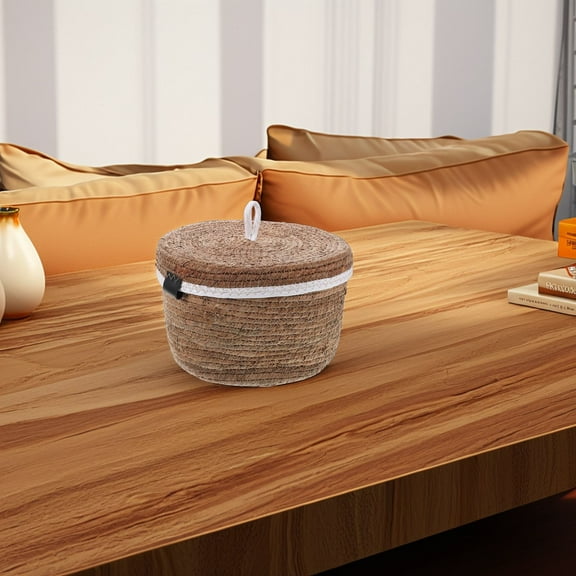 Hemoton Round Wicker Basket With Lid Ideal For Organizing Toilet Paper Or Kitchen Items Decorative Rattan Storage Basket For Countertops And Entryway Tables