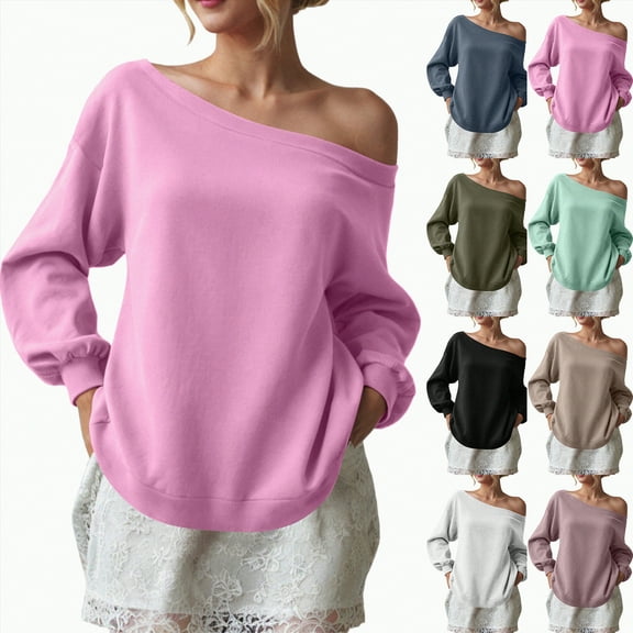 vigerkar Womens Casual Sweatshirt Off Shoulder Long Sleeve Pullover Top Oversized Shirt Basic Slouchy Clothes (Grey, S)