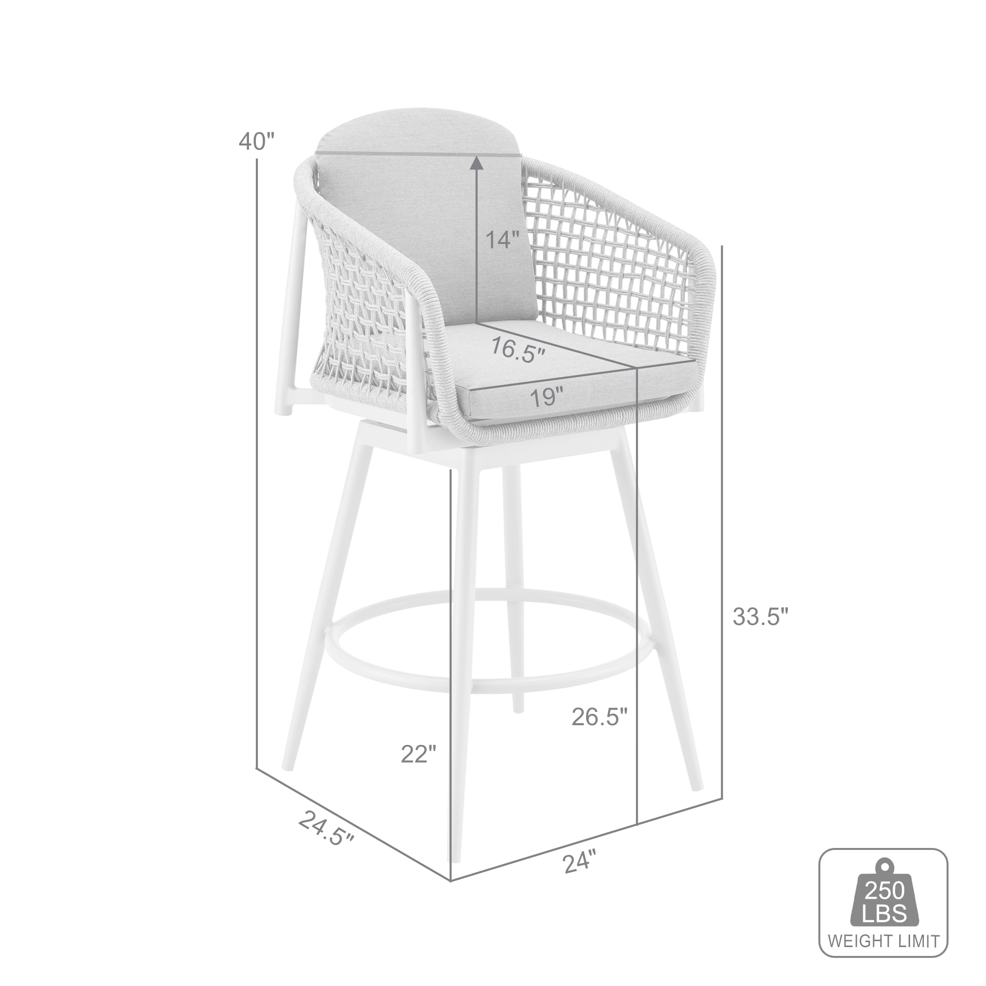 Rhodes Outdoor Patio Swivel Counter Stool in Aluminum with Light Gray Rope and Cushions - Set of 3