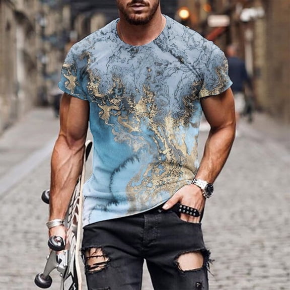Fnnxeal Mens Short Sleeve Crewneck T-Shirt All-Over Print Black Abstract Marble Streetwear Casual Tee Big and Tall Sizes Available Soft Cotton Polyester Blend,Size 5XL