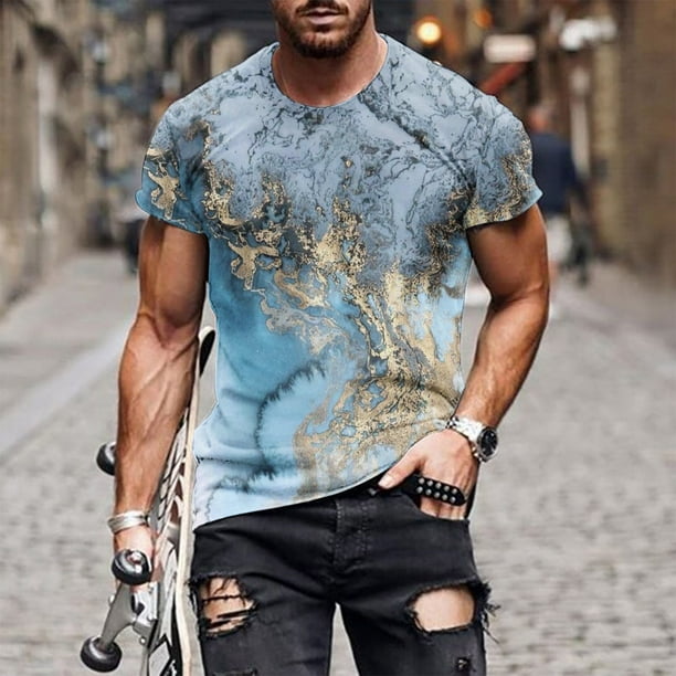 Meichang T Shirts for Men Graphic 2024,Fashion 3D Marble Print Fitness  Sports Short Sleeve Tees Muscle Shirt Streetwear Tops Blue 2XL