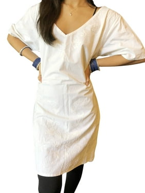 Women Tunic Dress, White Floral Embroidered Cotton Bohemian Summer Housedress Long Kurti XL