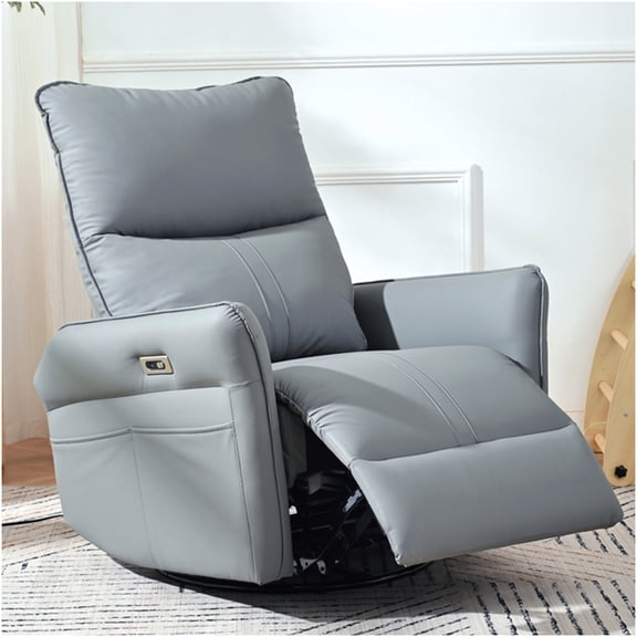 270° Swivel Electric Recliner Chair with USB Charging, Power Rocker Recliner for Small Spaces, PU Leather Single Sofa Chair for Living Room, Bedroom, Apartment, Blue-Gray