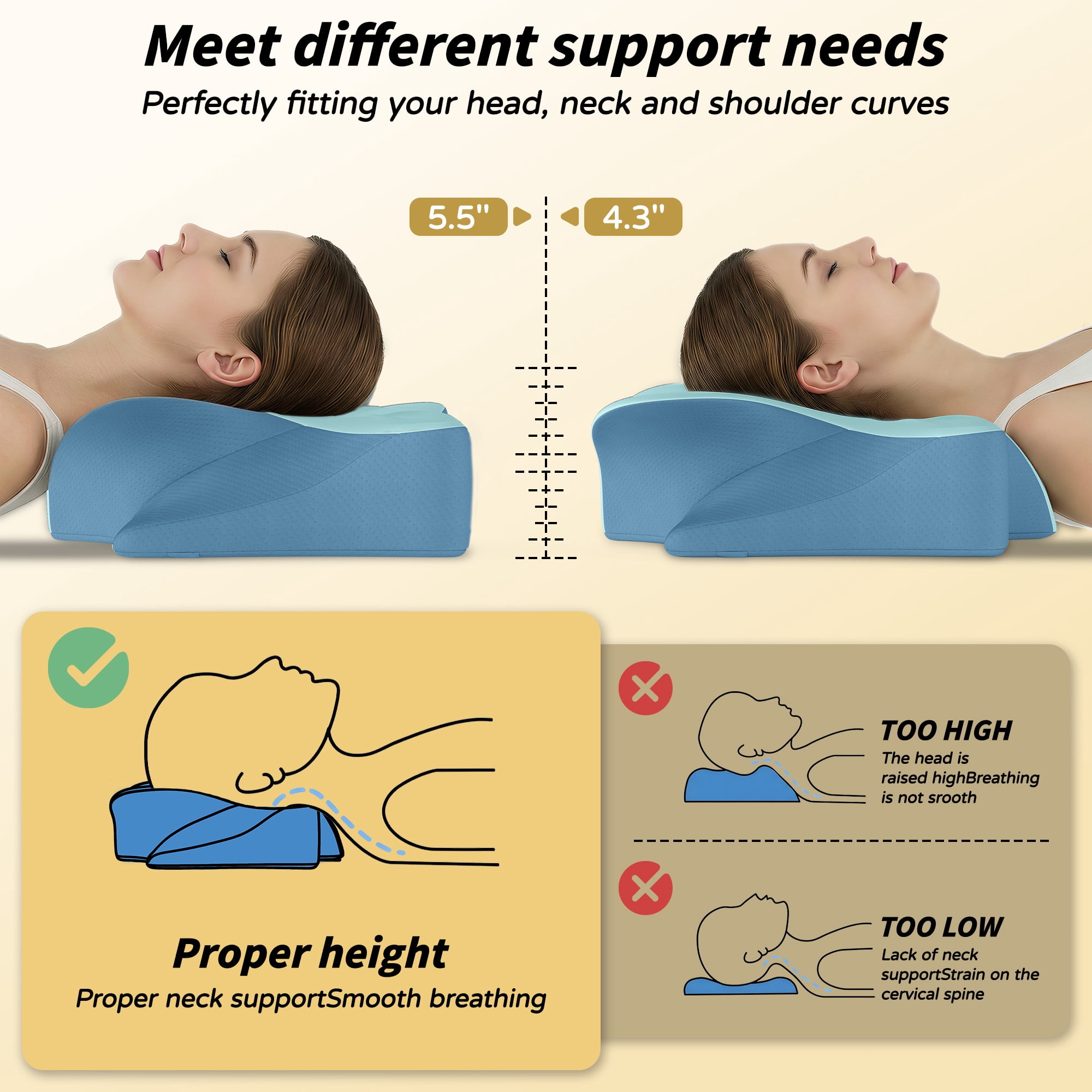 Cervical Memory Foam Pillow for Neck Pain Relief, Ergonomic Contour Pillow for Side Back Stomach Sleepers, Orthopedic Neck Support Pillow for Sleeping，Blue