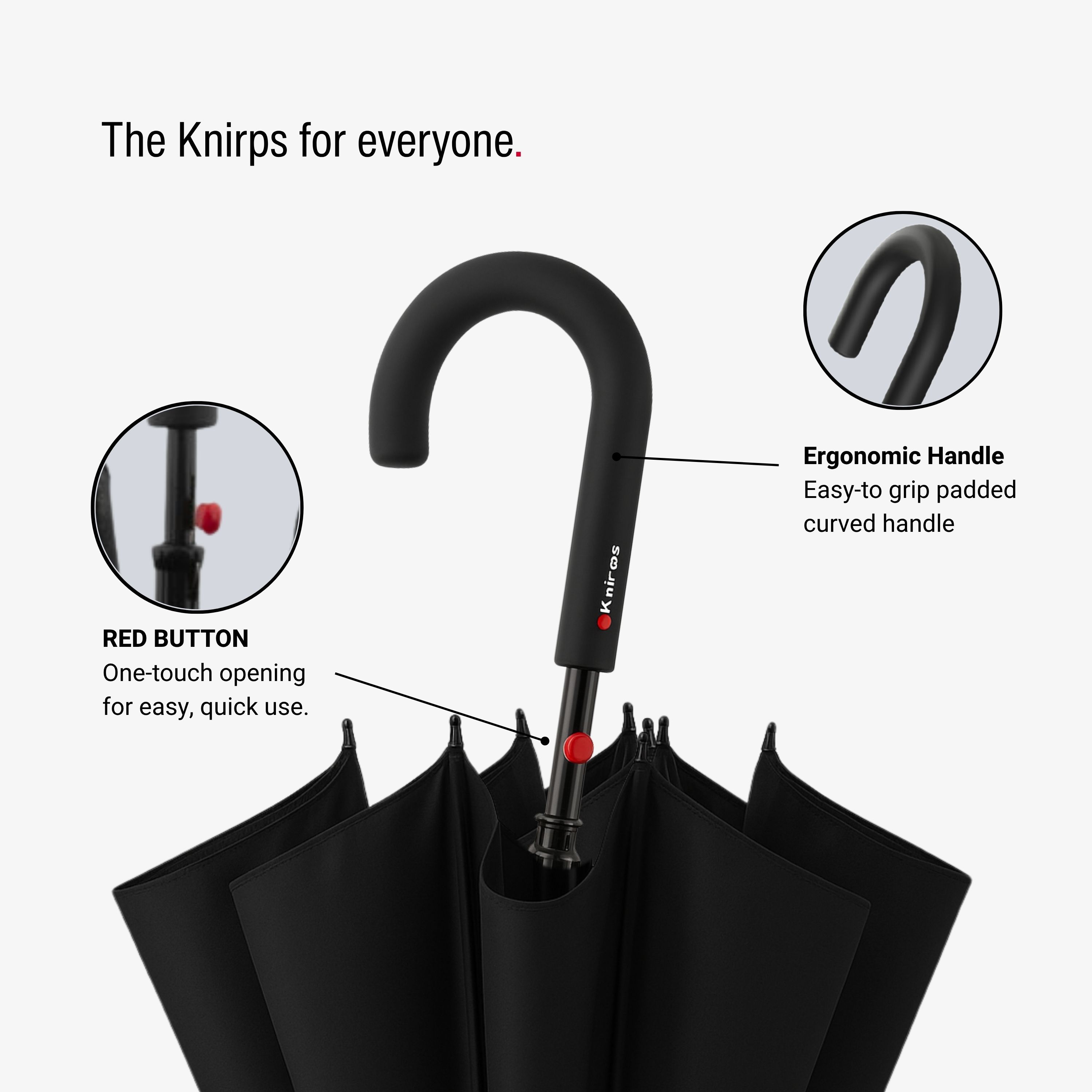Knirps A.760 Curved Handle Rain Umbrella for Adults in Black – 42" Windproof Automatic Open Canopy, Ultra Lightweight Steel Aluminum Frame with Large Button, Rounded Tips, Polyester Case Included