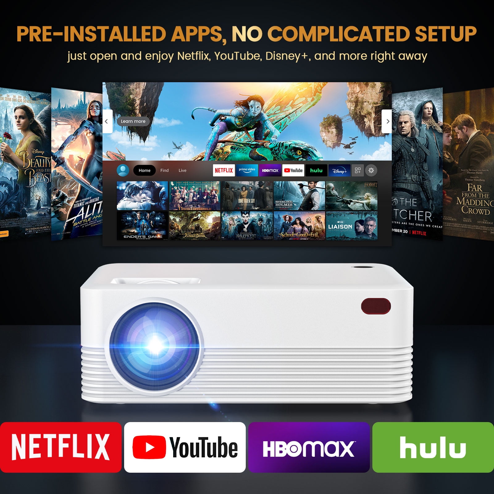 BDQ Projector with WiFi and Bluetooth,Support 8K 1080P,250ANSI,Portable Projector with Rack,40"-200" Screen Video,Compatible with Smartphone,TV Stick,Laptop,HDMI,USB（White）