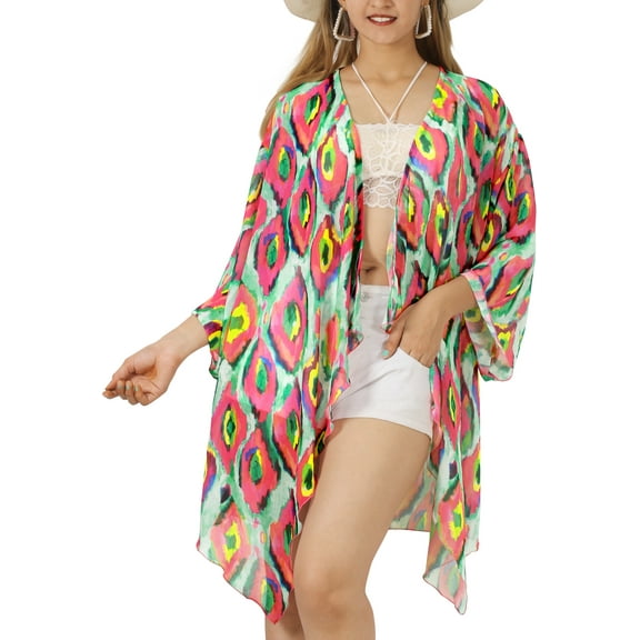 LA LEELA Women's Chiffon Summer Beach Bikini Cardigan Swimsuit Kimono Beachwear Duster L-XL Multicolor, Leaves