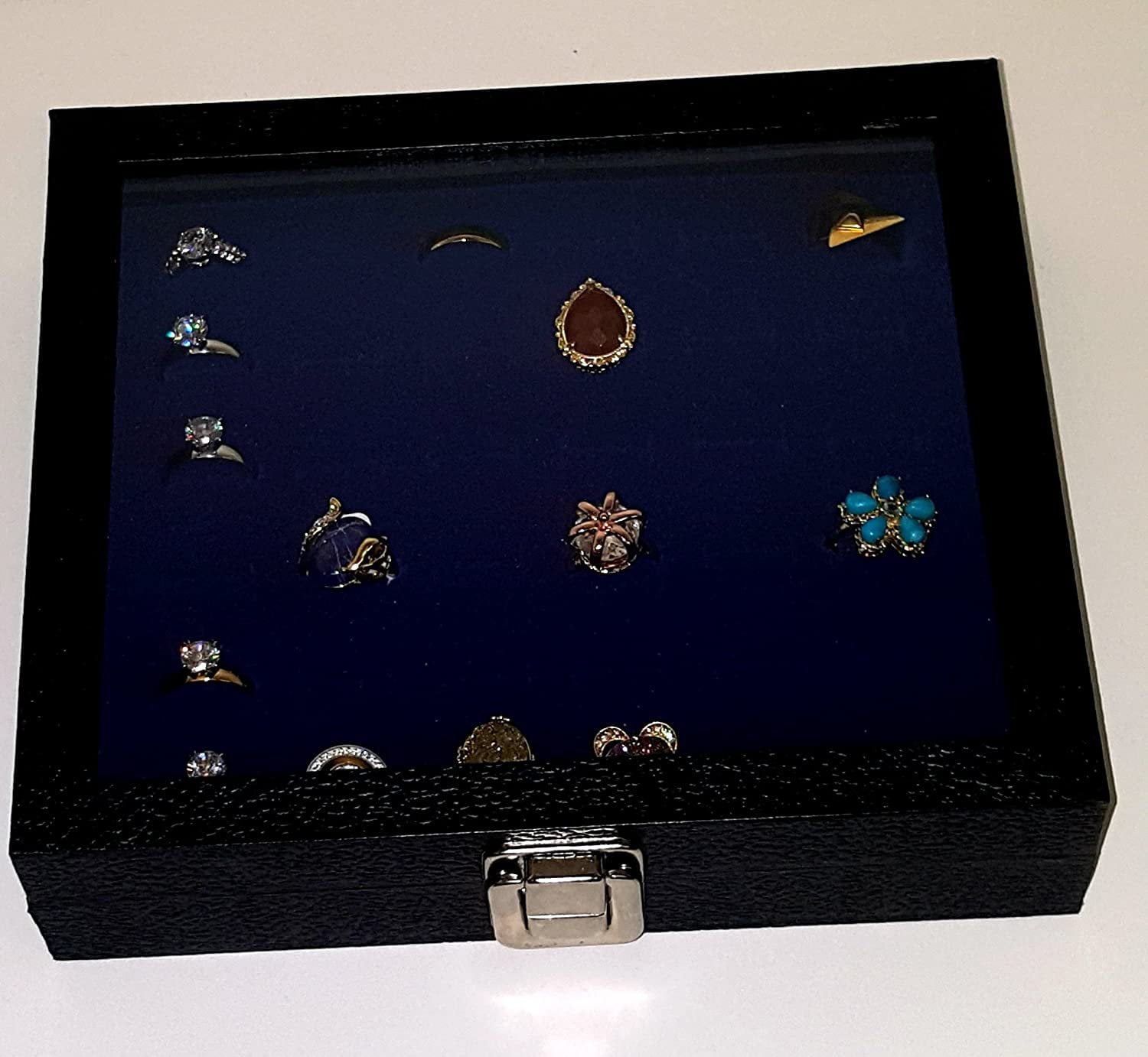 Glass Top Black Jewelry Display Case with 36 Slot Bright Blue Ring Display Insert
