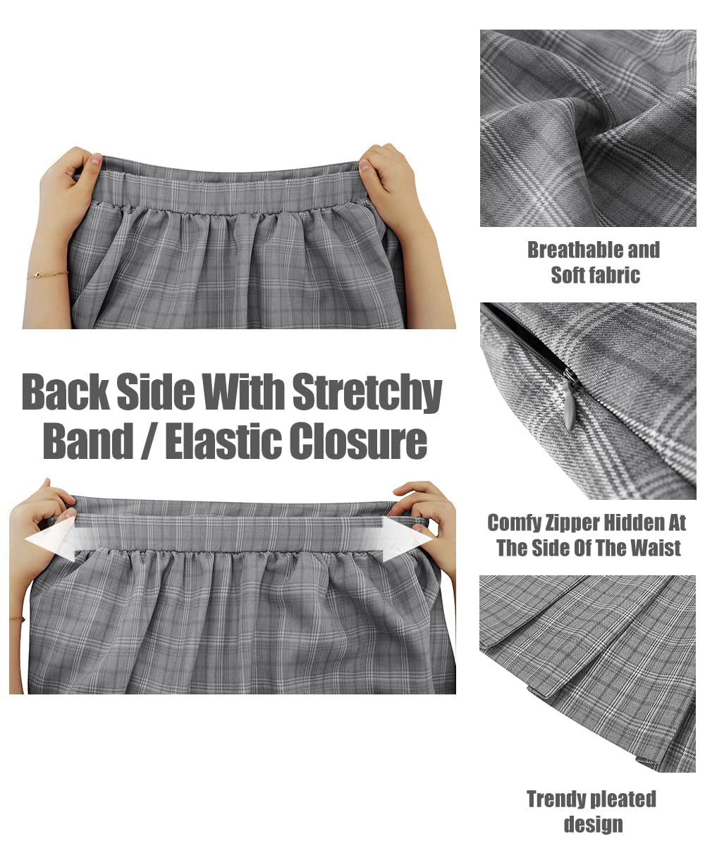 TIYOMI Plus Size Skirts Grey Plaid Stretchy Buttons Hidden Zipper