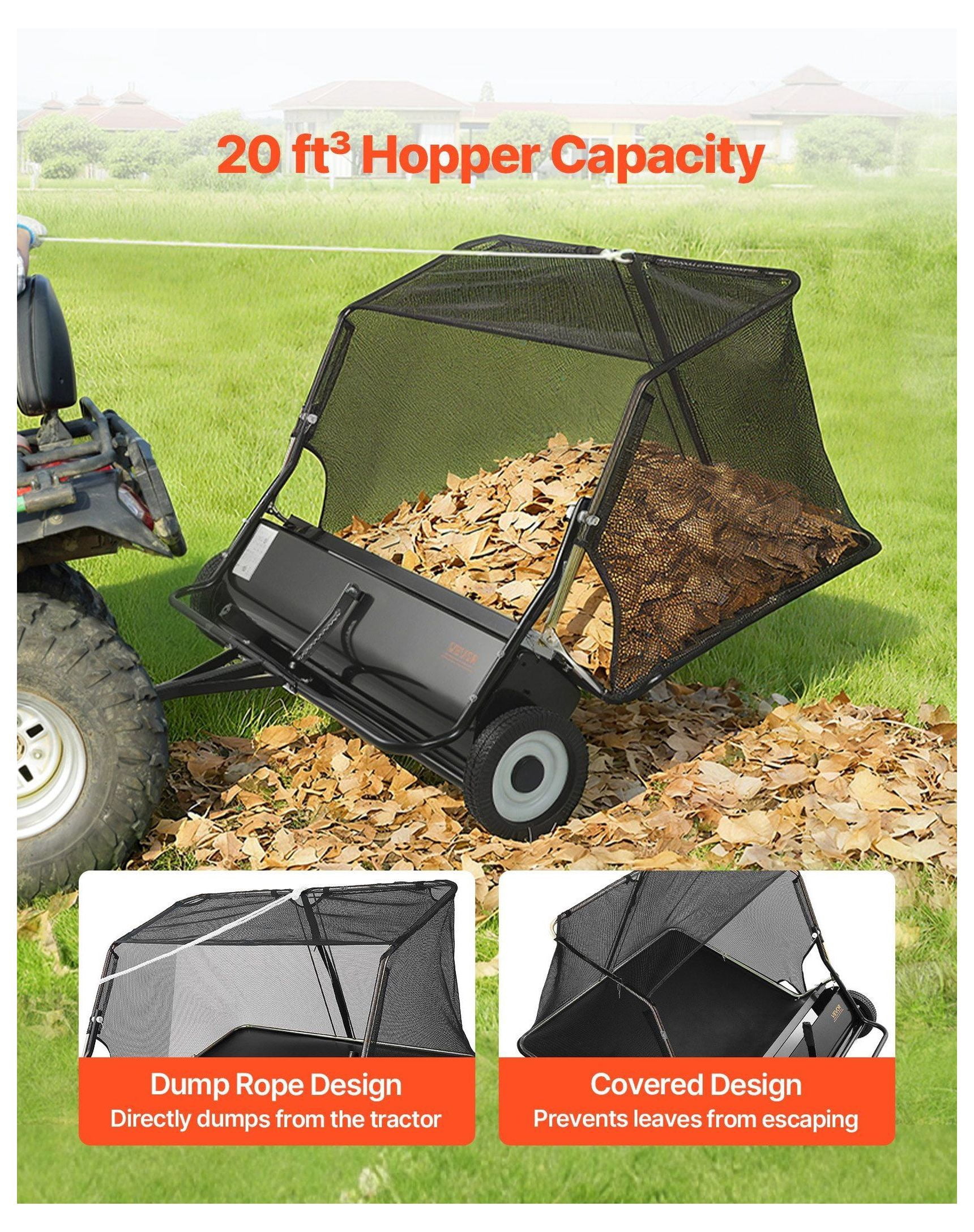 Tow Behind Lawn Sweeper 48 Inch - 20 cu.ft Hopper Bag Leaf & Grass Collector, Adjustable Height Garden Sweeper for Tractor, Yard Clean Up