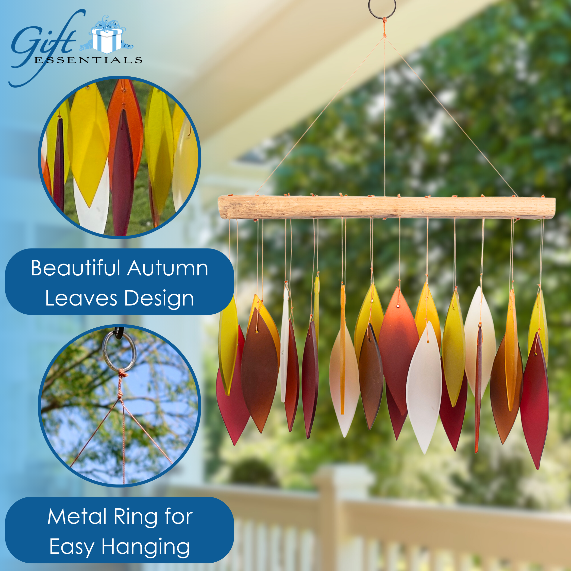 Blue Handworks Wind Chime Autumn Leaves Glass Wind Chimes Yard Decor