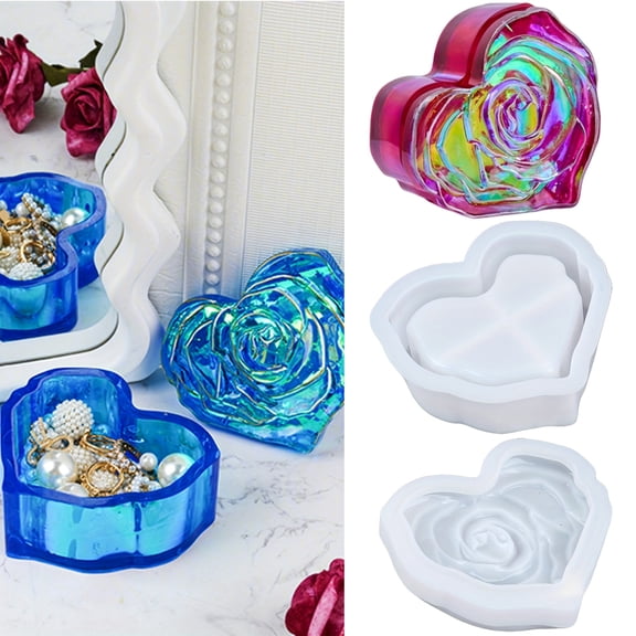 Rose Lid Resin Mold Heart Shape - Silicone Epoxy Mold for Storage Boxes, Jewelry Trinkets, Candles & Planters, DIY Craft Making Mold