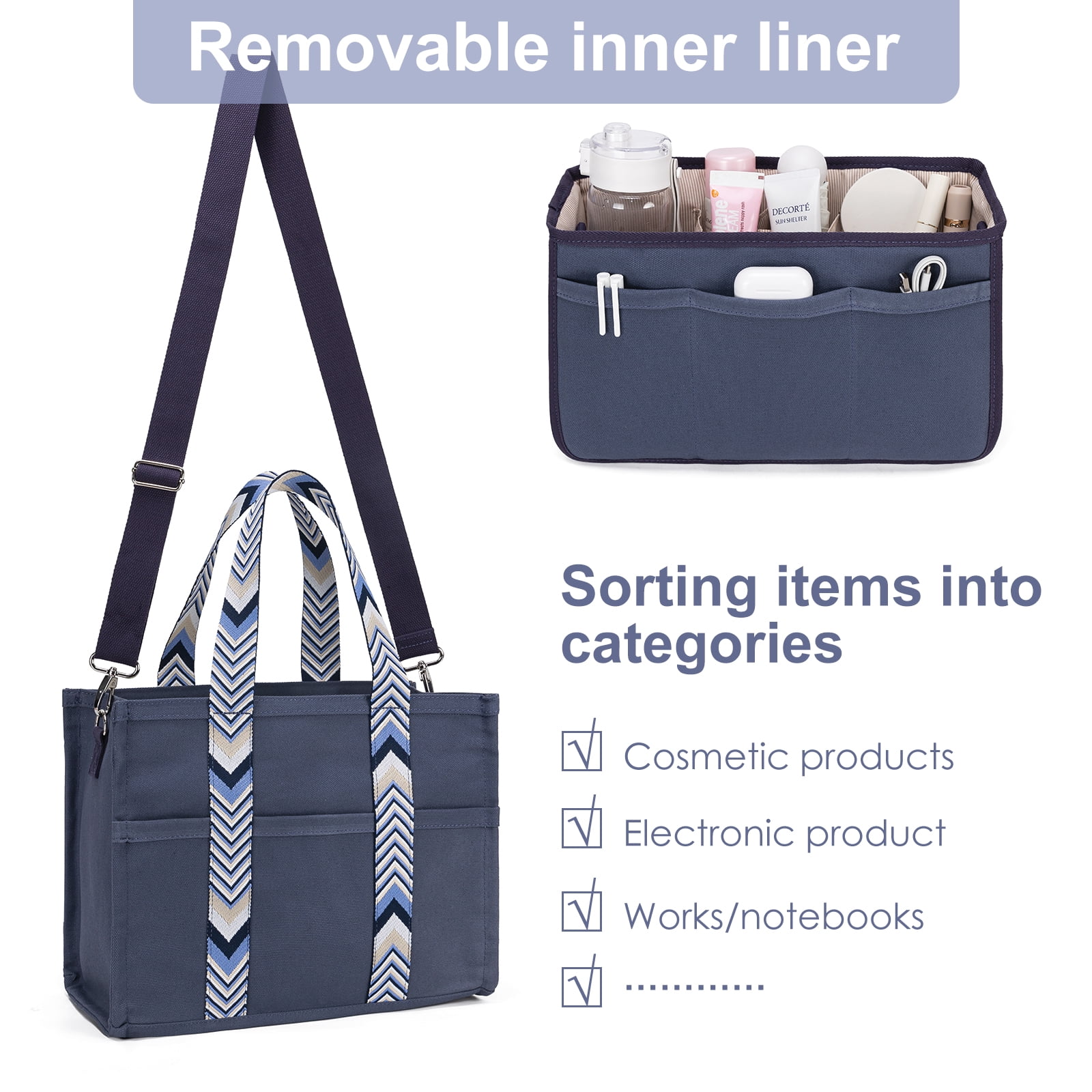 Kabaqoo Canvas Tote bag with Purse Bag Organizer Insert, Travel Tote Handbag Shoulder Bag with Zipper