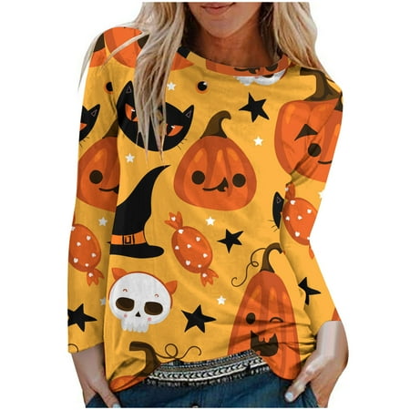

jsaierl Loose Shirts for Women Halloween T-shirt Crewneck Sweatshirts Printed Loose Womens Tops Casual Blouse Tops