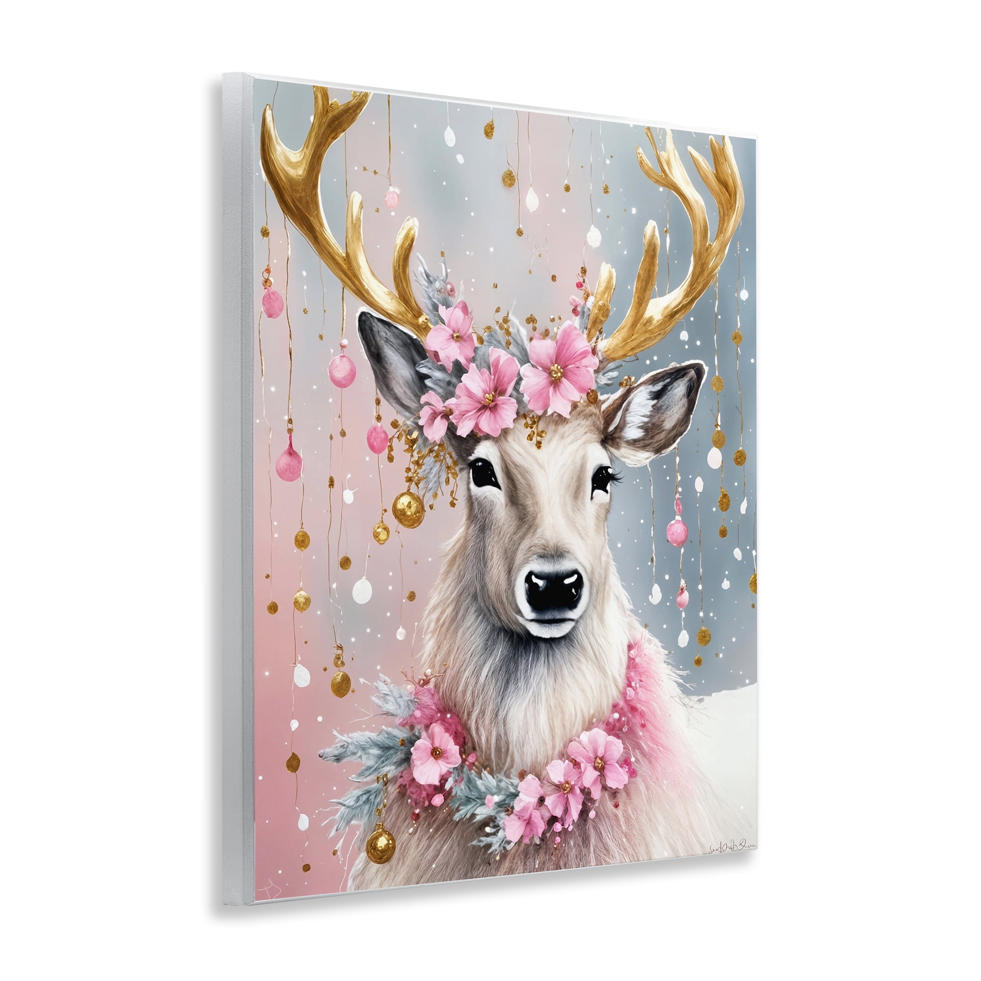 Stupell Industries Pink Floral Festive Reindeer Holiday Painting Unframed Art Prints Wall Art, 11 x 14