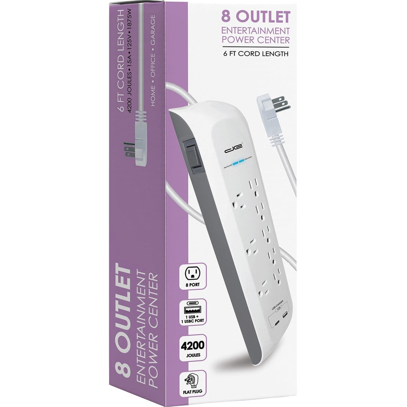 Digital Energy DEE1-1116 8-Outlet USB-A and USB-C Surge Protector Power Strip (White, 6-Foot Cord)