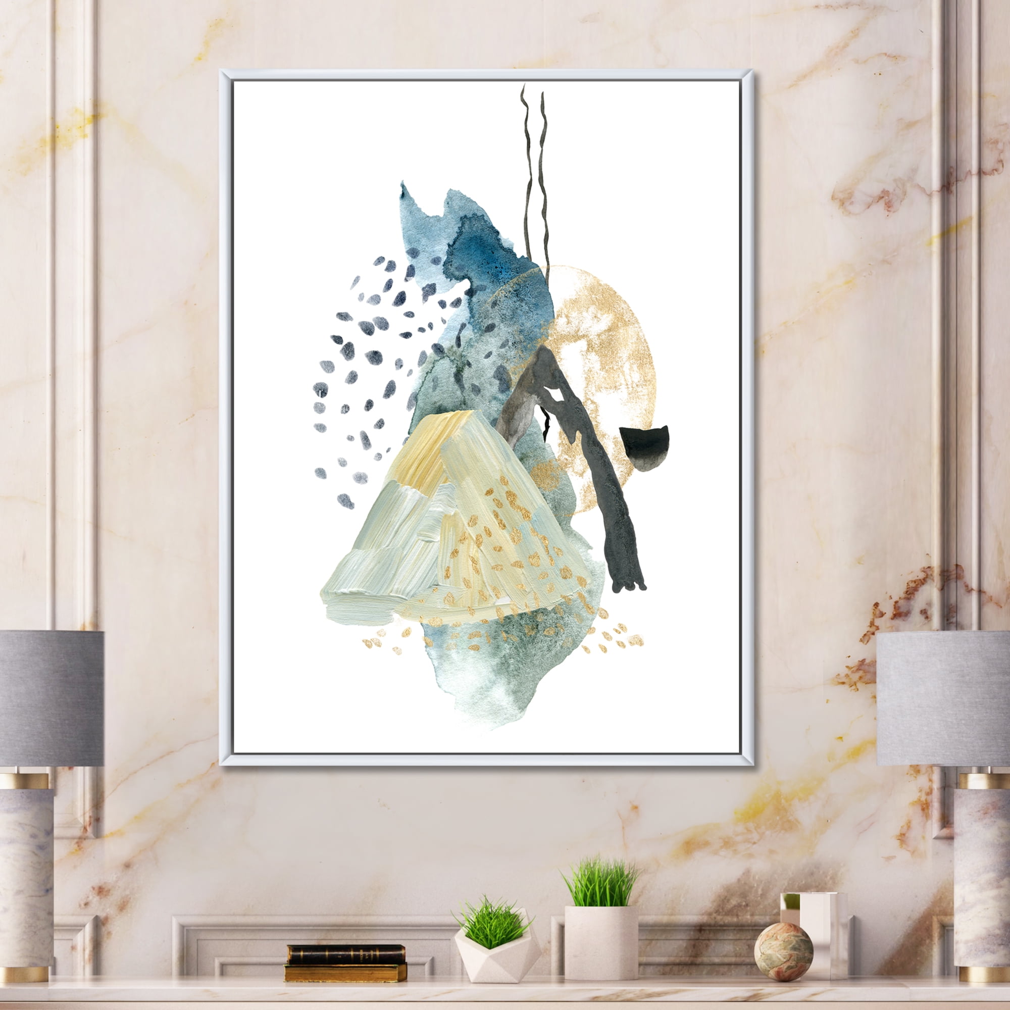 Designart 'Mountain Moon With Gouache Of Abstract Landscape' Modern Framed Canvas Wall Art Print