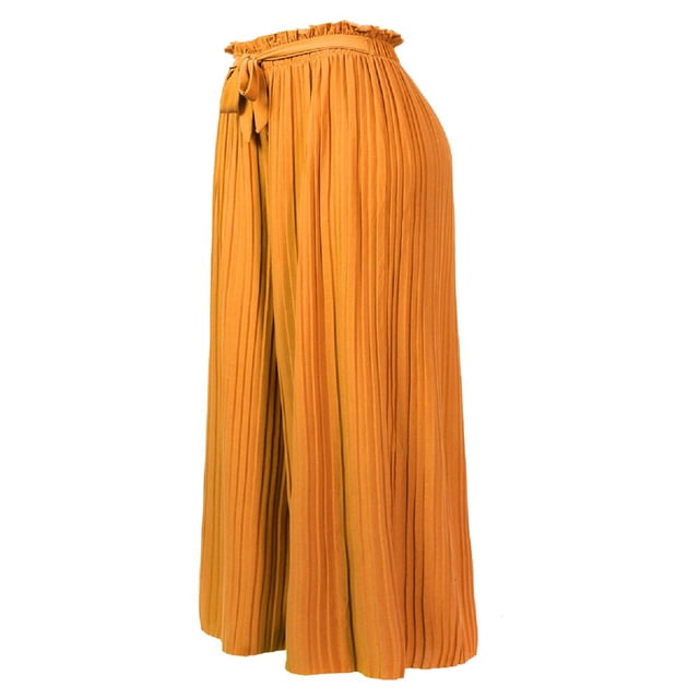 JUNWELL Women‘s Ribbon Tie Chiffon Loose Pleated Wide Leg Palazzo Pants