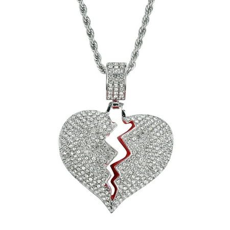 Shiny Luxury Rhinestone Necklace with Broken Heart Pendant Stainless Steel and Rope Chain Necklace for Couple