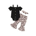 thumbnail image 2 of Baby Girls Summer Outfit, Short Sleeve Romper with Flower Leopard Print Flare Pants and Bowknot Headband, 2 of 10
