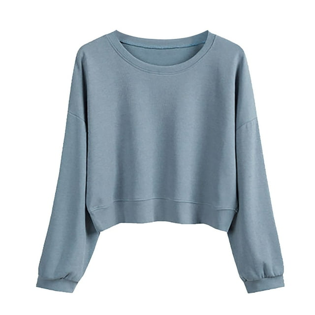 Aocisk Chandail Court à Manches Longues Décontracté pour Femme, Uni, Col Rond, pour Superposition, Bleu, G