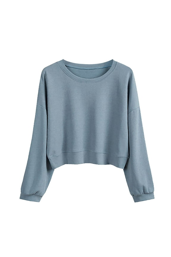 Trendy Crewneck Cropped Sweatshirts for Women 2025 Fall Winter Drop Shoulder Solid Color Basic Tops Soft Comfortable Plus Size Casual Pullover Sweatshirts Blue XL
