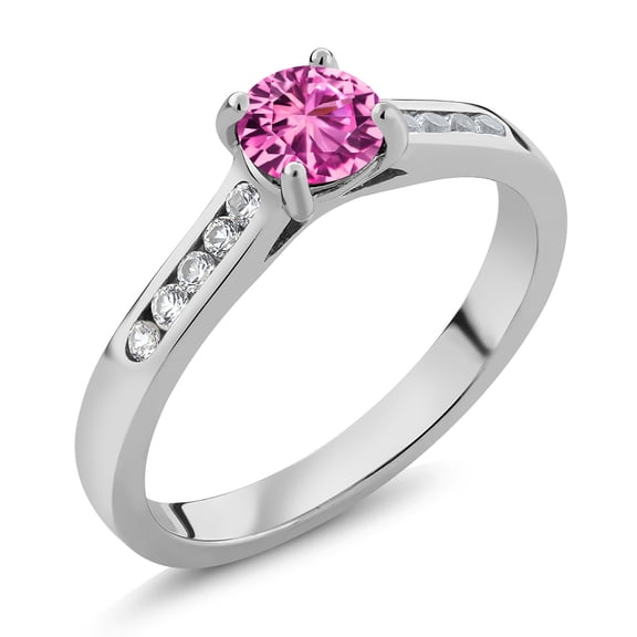 Gem Stone King 925 Sterling Silver Pink Created Sapphire and White Created Sapphire Engagement Ring for Women | 0.65 Cttw | Round 5MM | Gemstone September Birthstone | Size 7