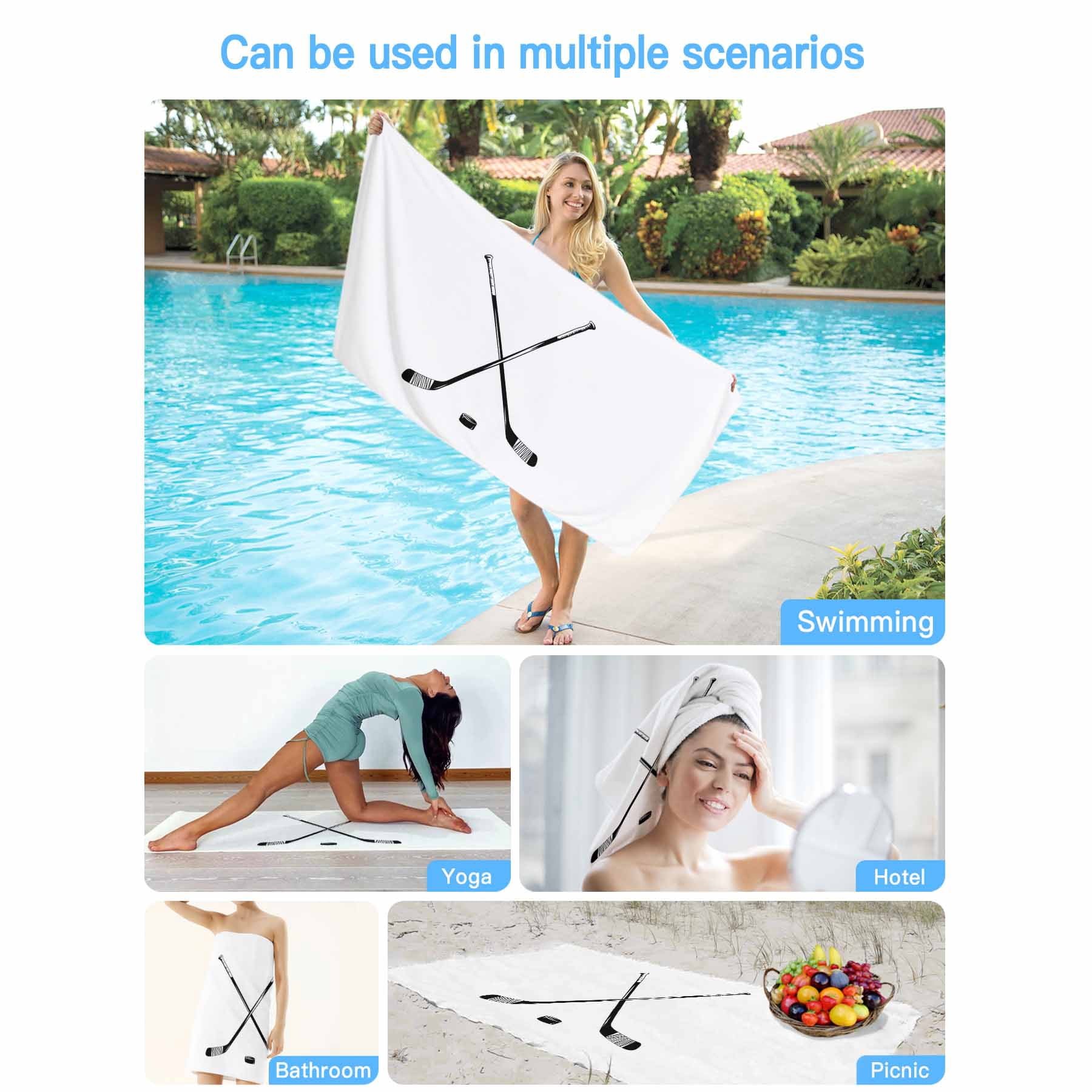 Beach Towel Hockey Player Bath Pool Towels Sports Ground White Absorbent Beach Towel Soft Large Quick Dry Lightweight Camping Travel Sports Yoga Gym Swim Towels for Adult 35x70 Inch