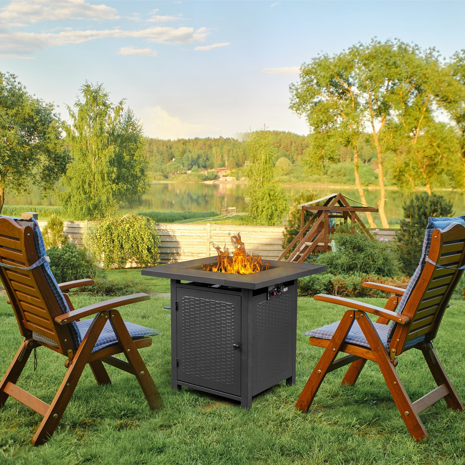 Seizeen 28" Propane Fire Table for Outside, Square 50000 BTU Gas Fire Pit Outdoor Patio Heating with Volcanic Stone
