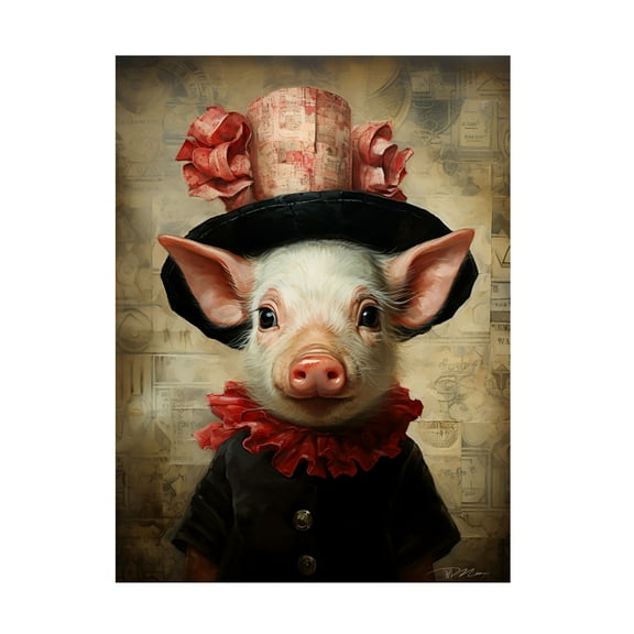 Canvas Wall Art - Momart 'Cute Pig With A Red Hat Baroque Style 2' Wall Art for Living Room, Bedroom, or Office Décor by Trademark Fine Art - 14 x 19 Inches