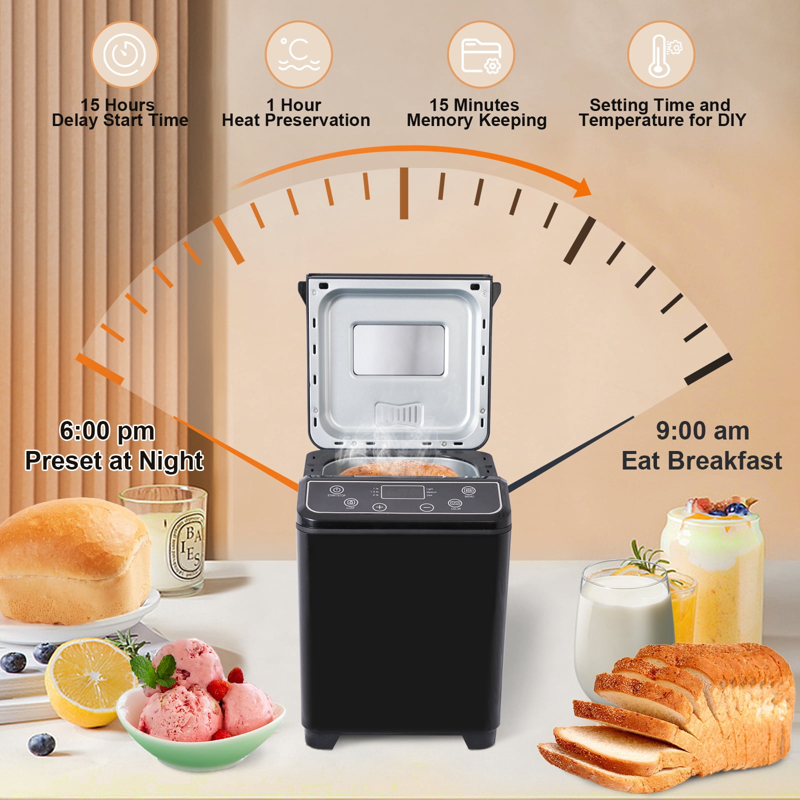 KBS  Bread Maker Machine with Ice cream program,20-in-1 2LB Fully automatic bread machine，DIY setting,15 Hour delay timer,Black Model#070 Ice cream version