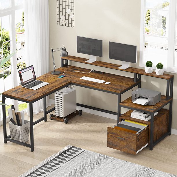 Home Office L Shaped Desk with File Drawer & Charging Stations, 66