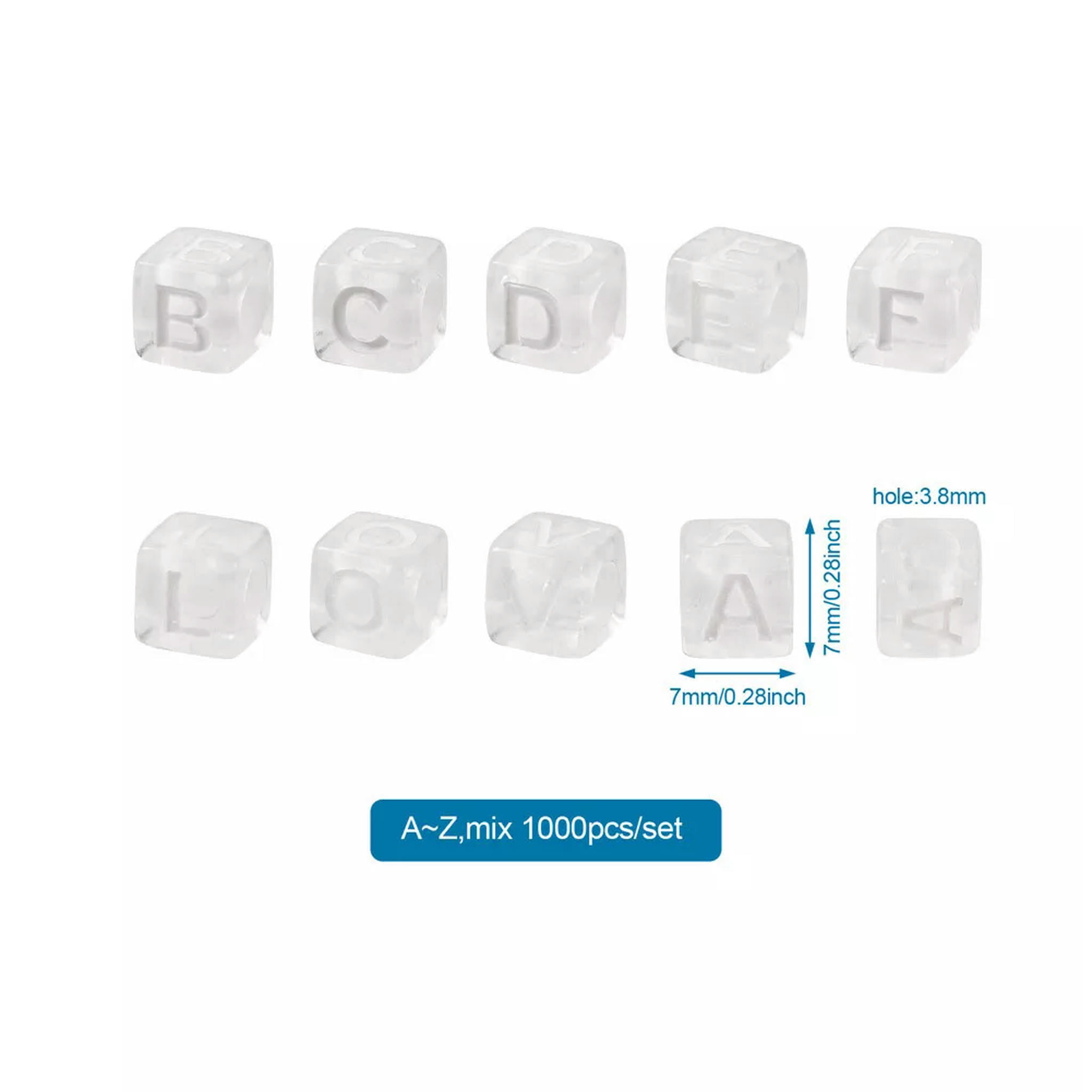 U8MO 1000pcs 7mm White Cube with Letter Transparent Acrylic Enamel Large Hole Beads