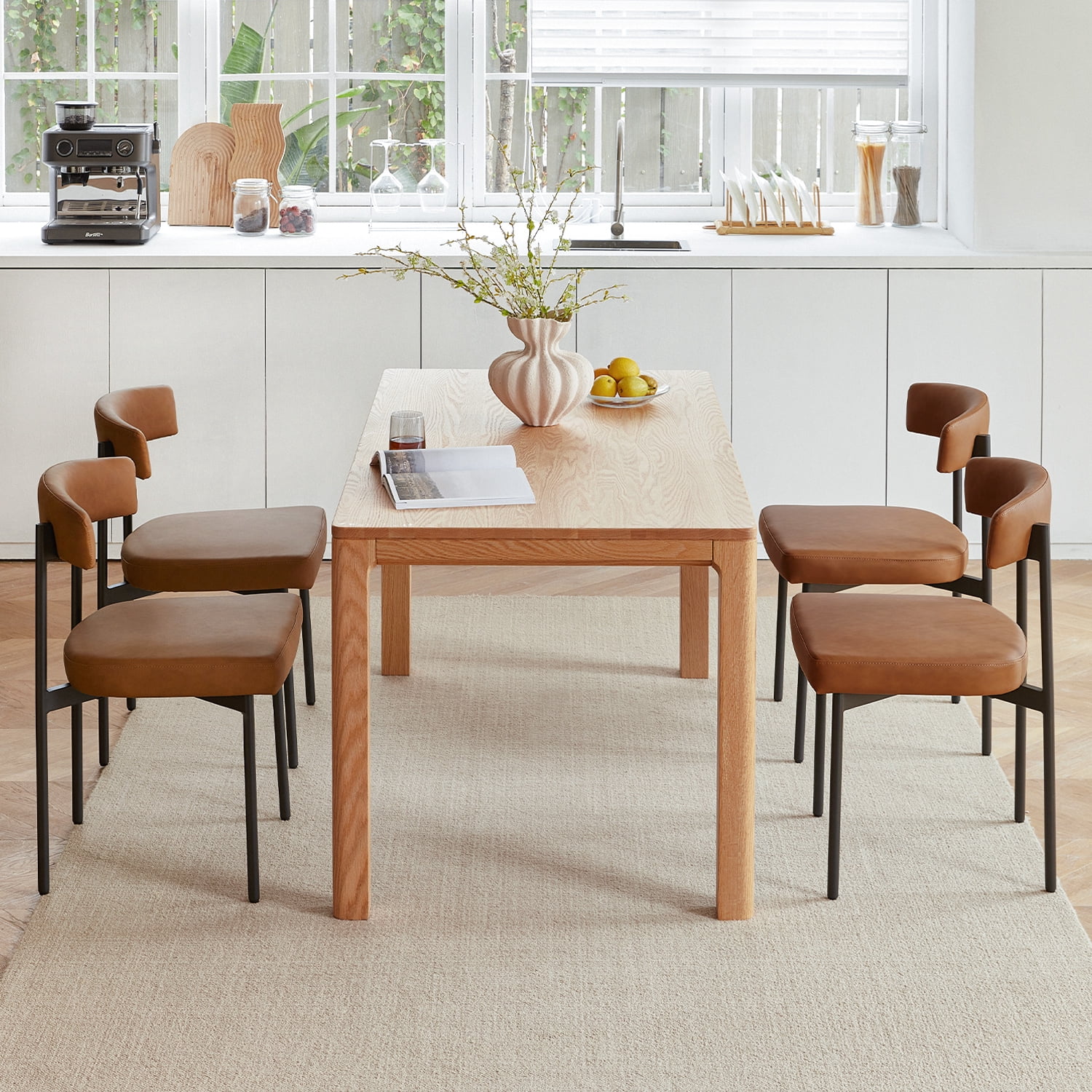 Brown Faux Leather Dining Chairs Set of 4, Armless Upholstered Kitchen Chair,Modern Dining Room Chair with Curved Backrest