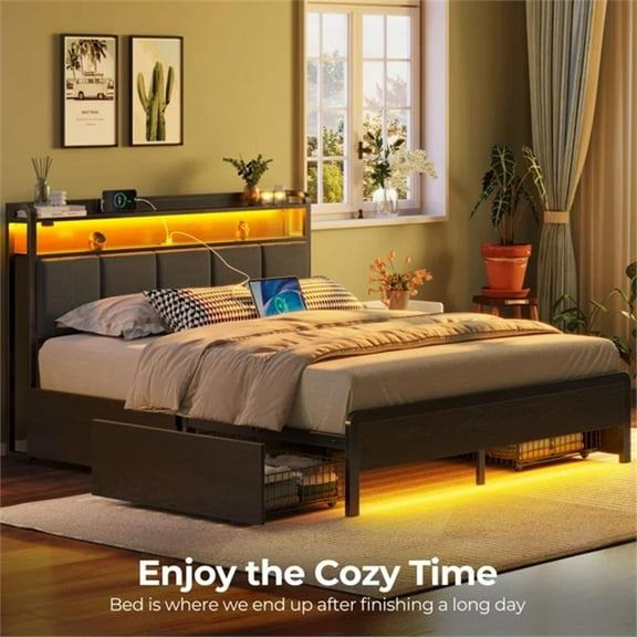 Pemberly Row Queen LED Bed with built in charging station and storage in Black