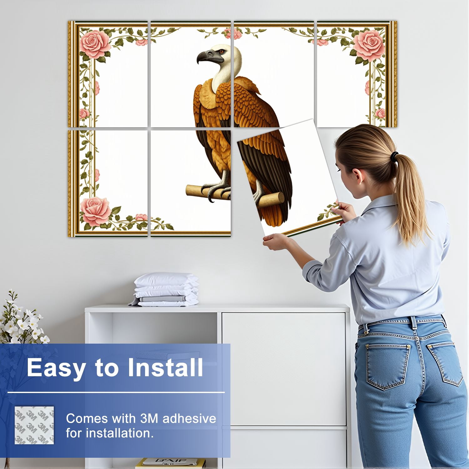 8 Pack Art Acoustic Panels Sound Absorbing Vulture Elegant Floral Border Decorative Soundproof Wall Panels Self Adhesive for Nursery Game Room Bedroom 48"x32"