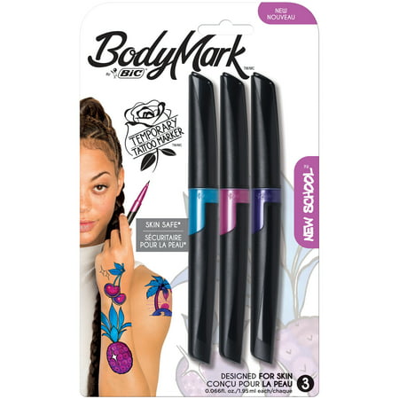 BIC BodyMark Temporary Tattoo Marker, New School, Assorted Colors, 3