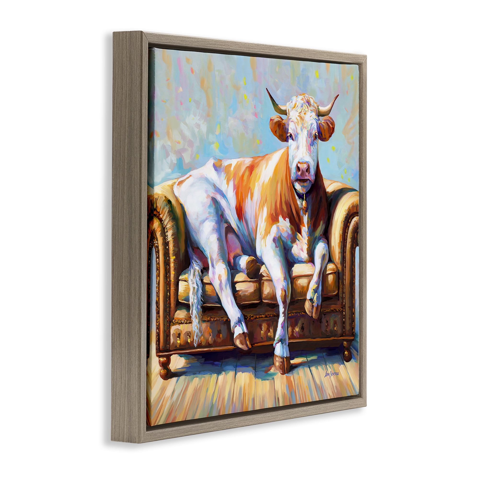 Stupell Industries Cow's Day Off Animals & Insects Painting Brown Floater Framed Canvas Art Print Wall Art, 18 x 18