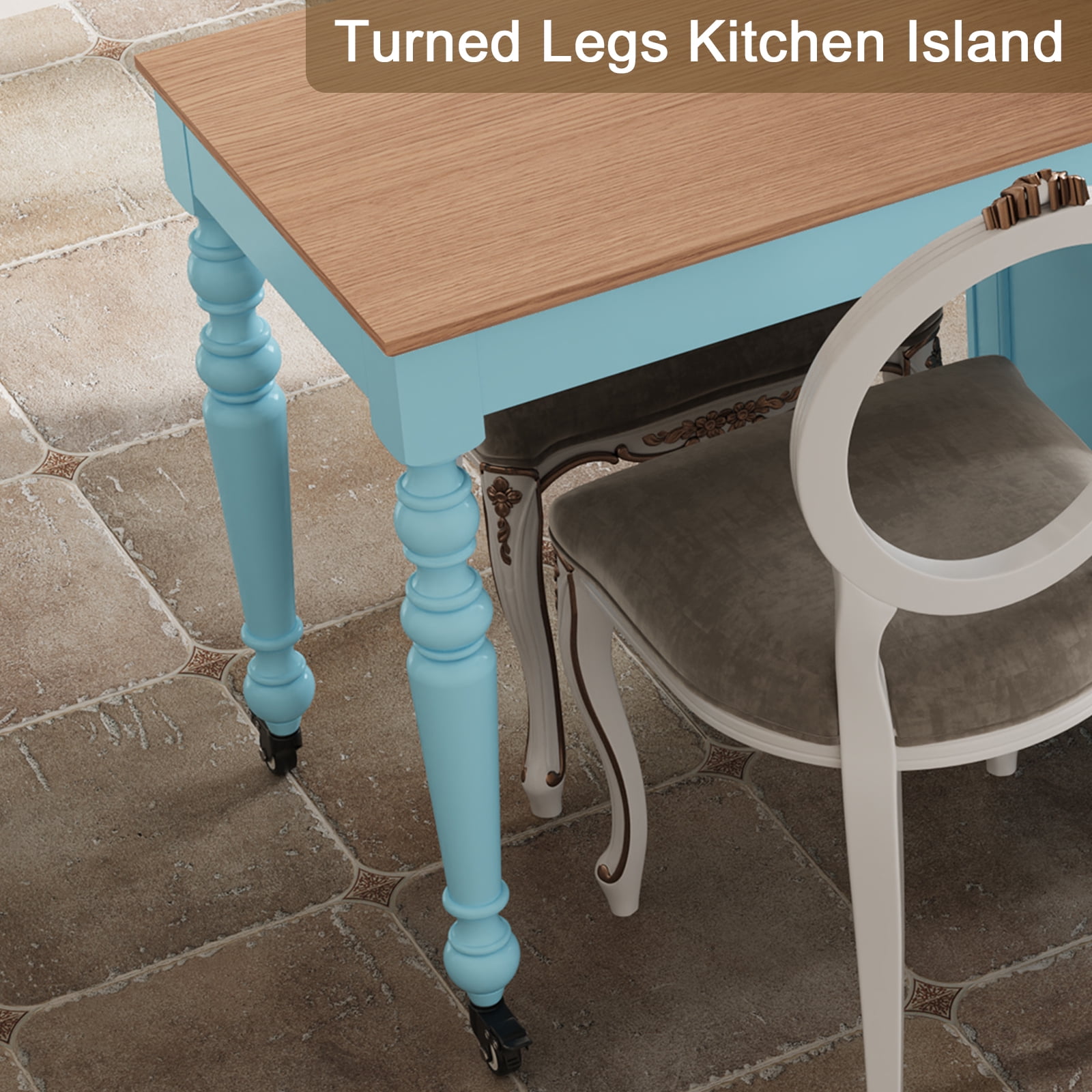 CBJCBJ Modern Extendable Kitchen Islands on Wheels with Power Outlet, Dining Table Cart with 4 Doors Storage, Blue
