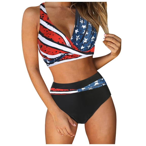 CONZONE Independence Day Womens Bikini Sets 4Th Of July 2 Peice Swimsuits for Women High Waisted Patriotic Usa Flag Graphic Lightweight Summer Beach Bathing Suits With Removable Bra Pads